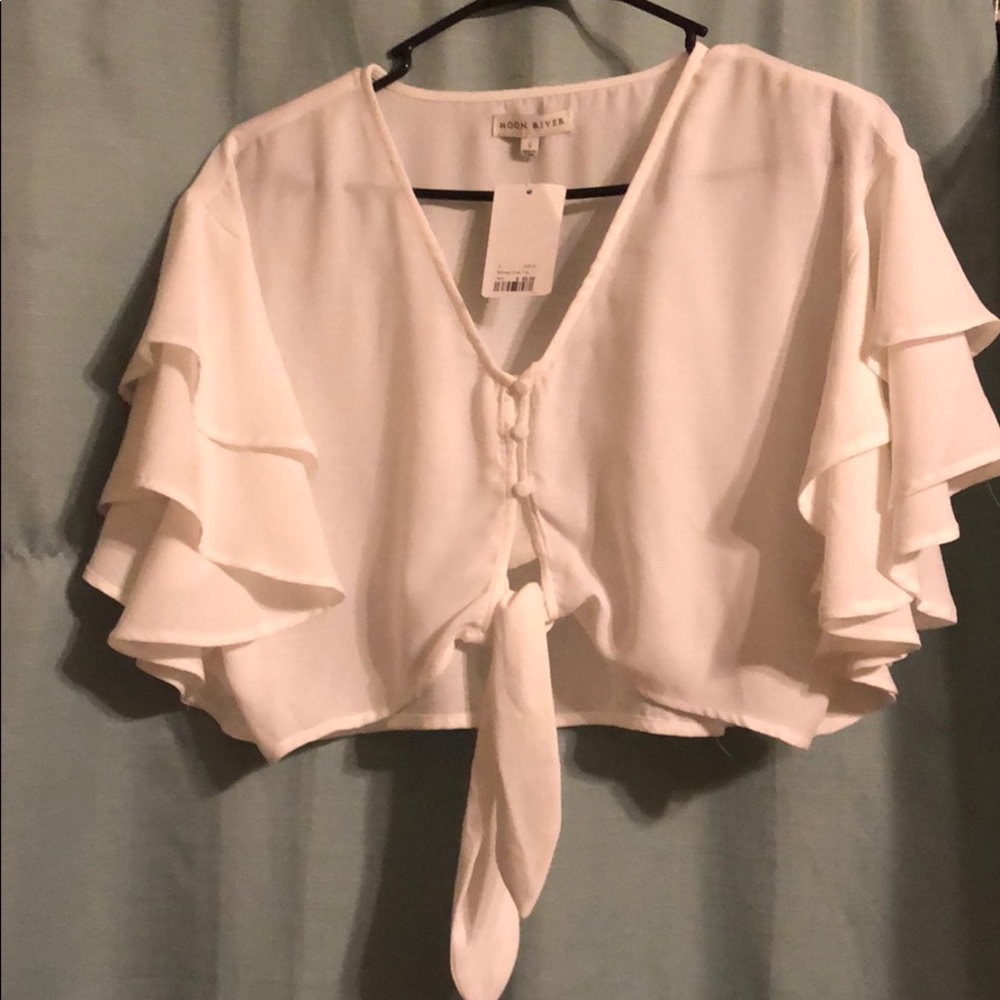 New moon river white crop tie top S